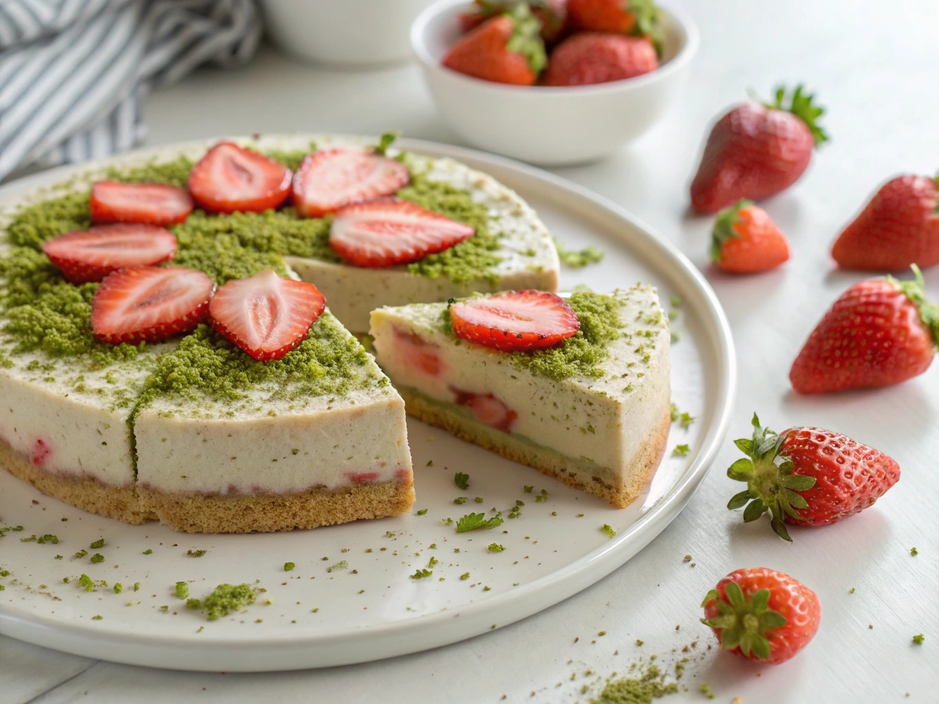 Strawberry Matcha Cake on a plate with fresh berries and matcha