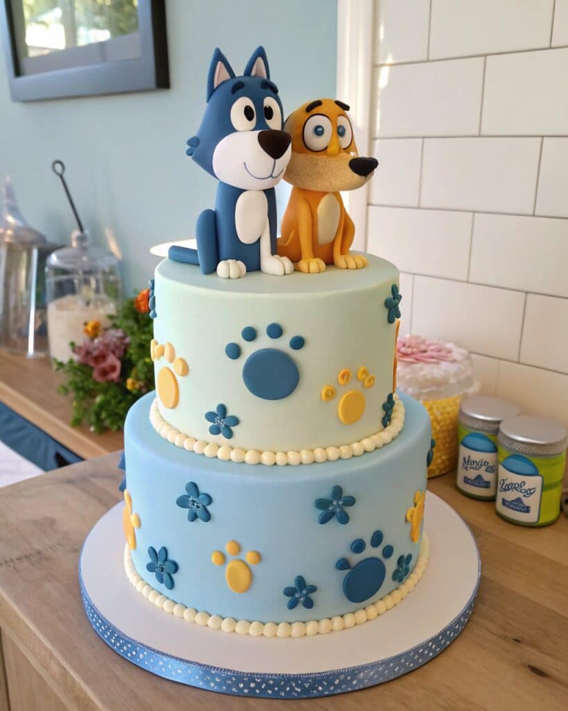 Layered Bluey and Bingo cake with themed designs