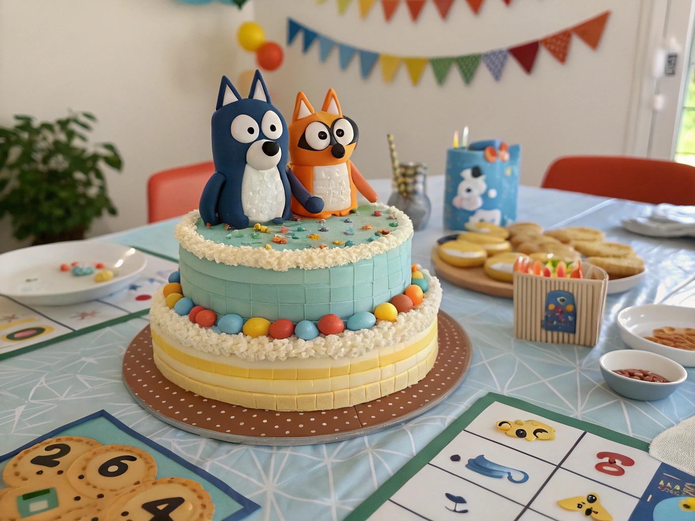 Bluey and Bingo cake with layered frosting and cartoon decorations