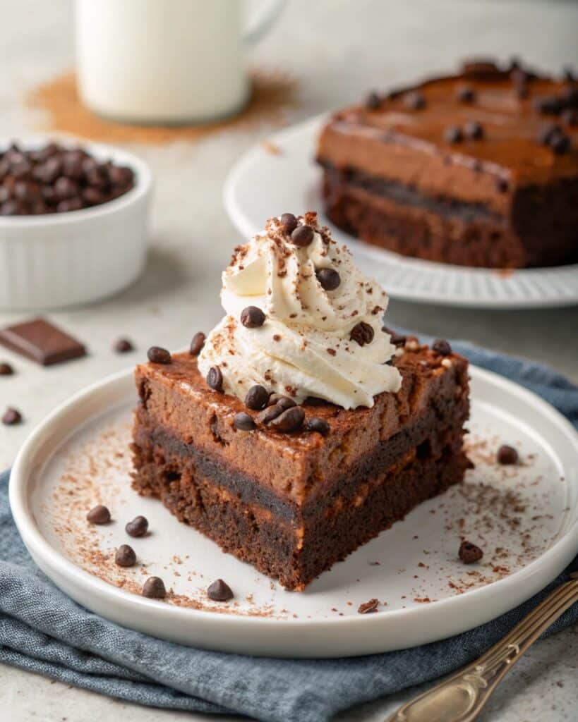 Chocolate coffee cake slice with cream