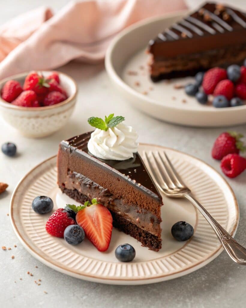 slice of chocolate ganache cake served with cream
