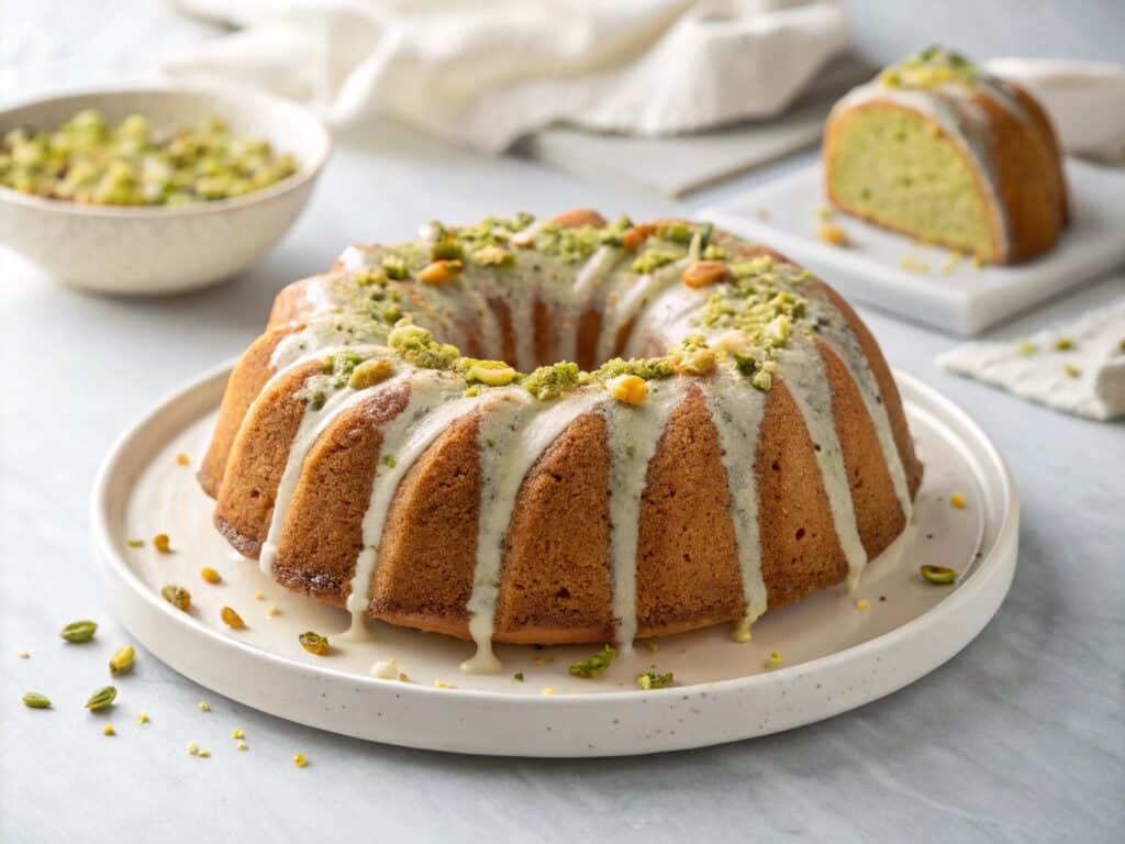 Moist Pistachio Bundt Cake with a creamy glaze and chopped pistachios.
