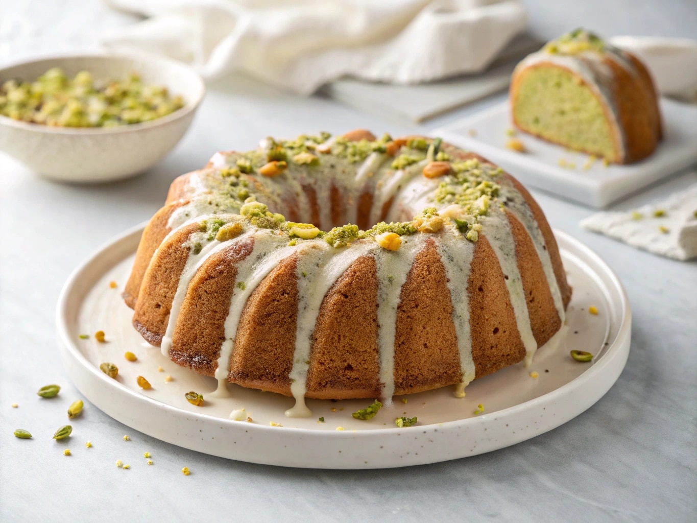 Moist Pistachio Bundt Cake with a creamy glaze and chopped pistachios.