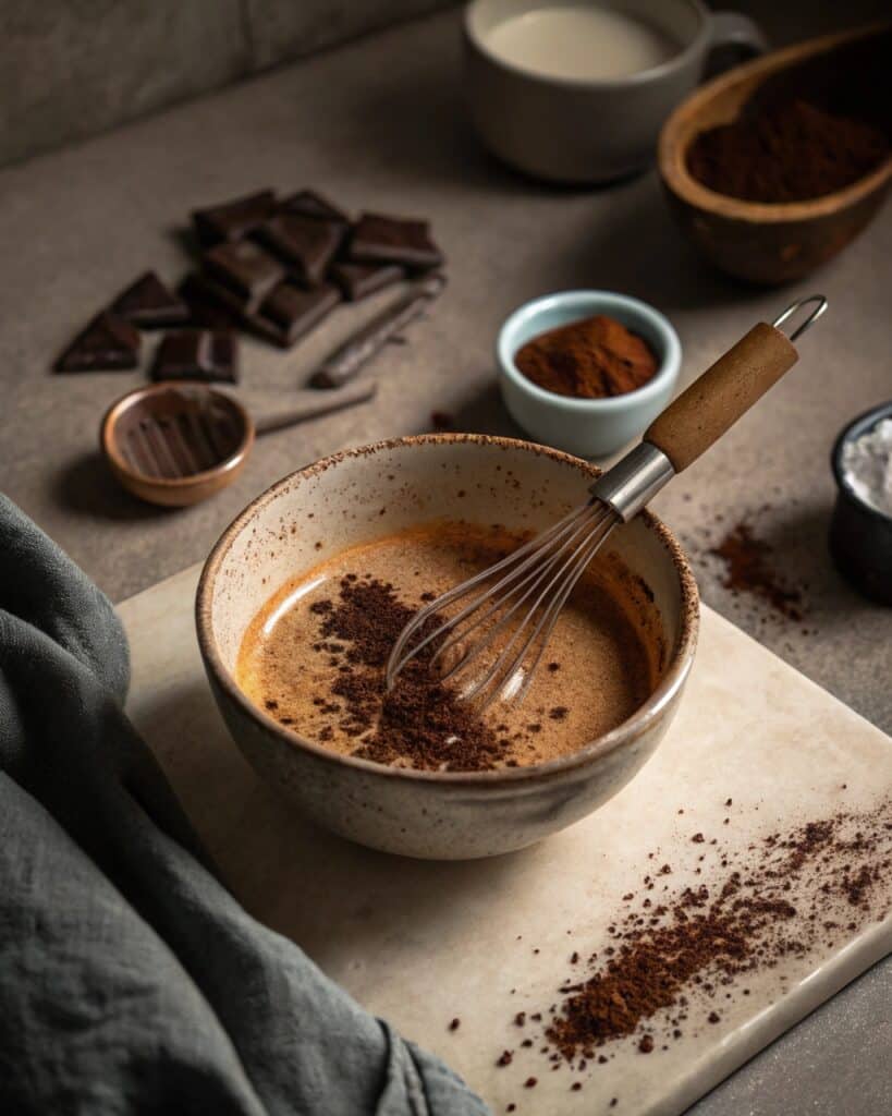 Mixing coffee with cocoa for cake
