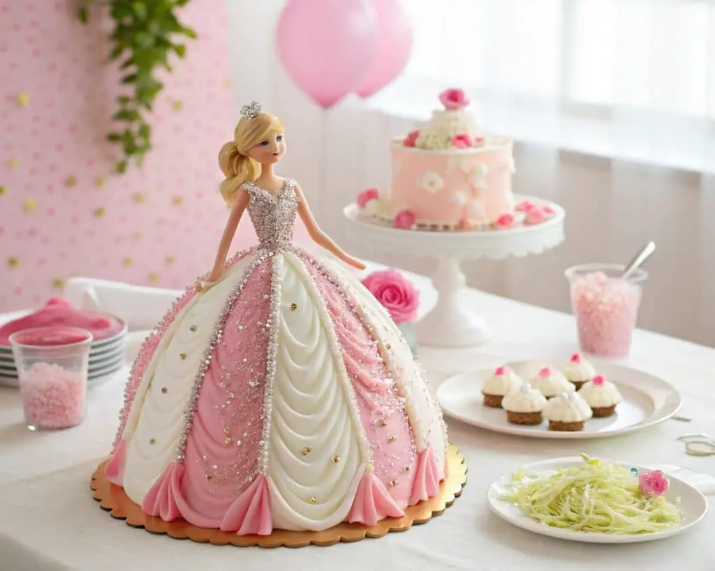 barbie cake centerpiece with pink frosting gown