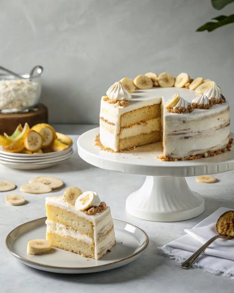 Banana Cream Cake served on a stand with whipped cream and sliced bananas