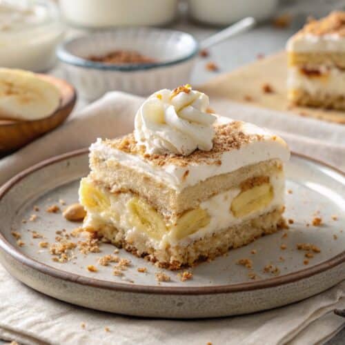 Banana Cream Cake slice with pastry cream and whipped topping