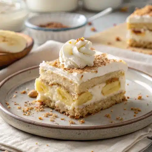 Banana Cream Cake slice with pastry cream and whipped topping