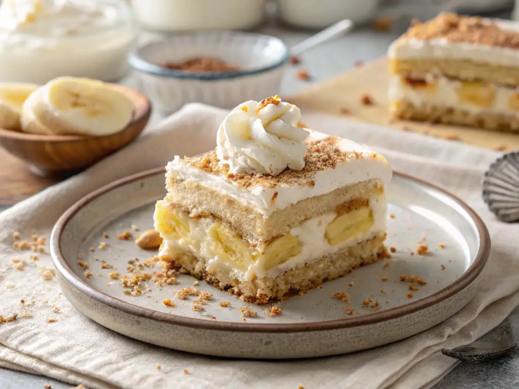Banana Cream Cake slice with pastry cream and whipped topping