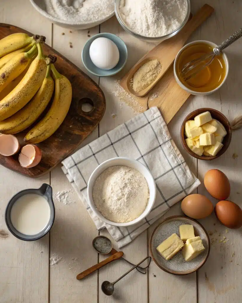 Banana Cream Cake ingredients laid out on a rustic kitchen counter