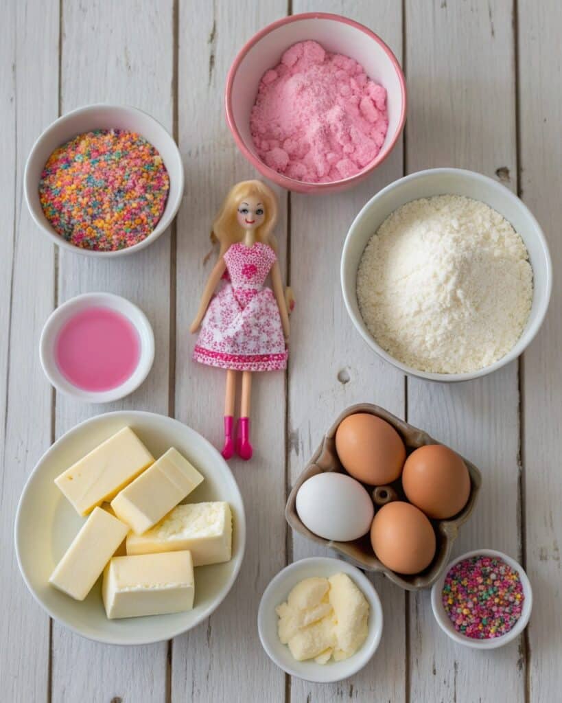 barbie cake recipe ingredients flat lay