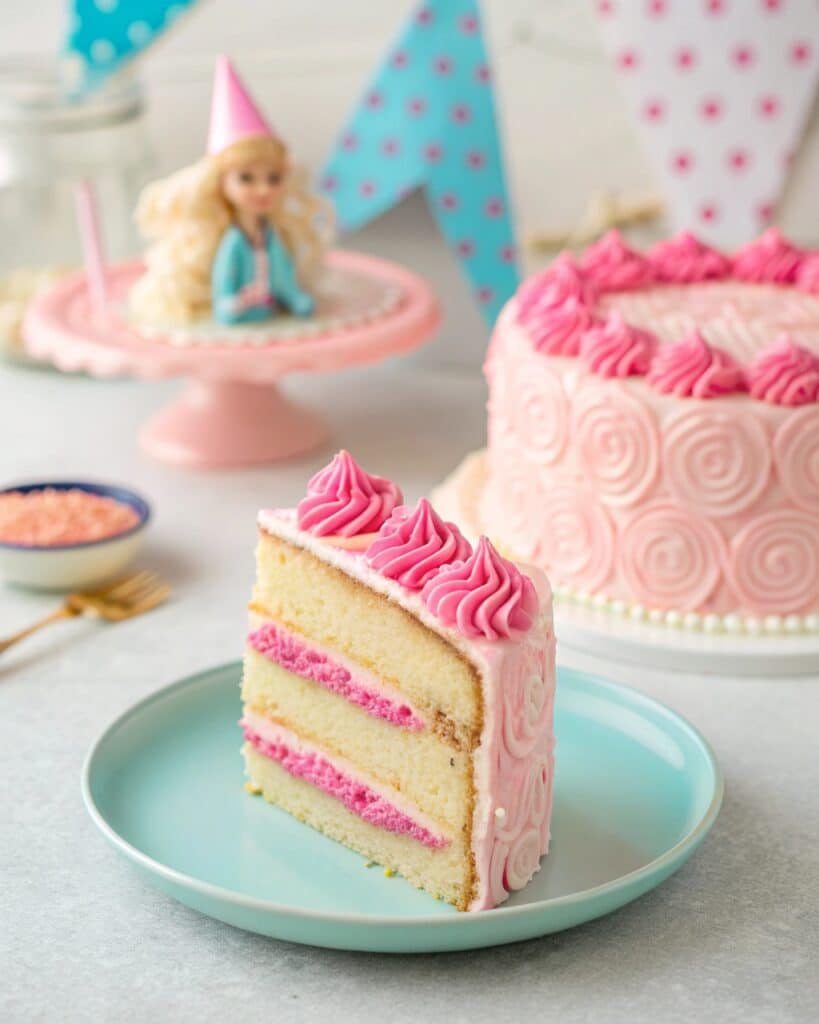 slice of barbie cake served on plate
