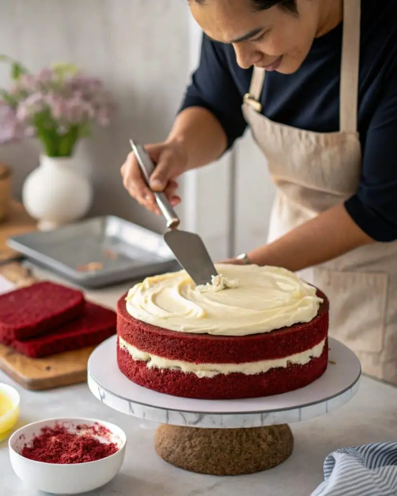 frosting a red velvet cake layer