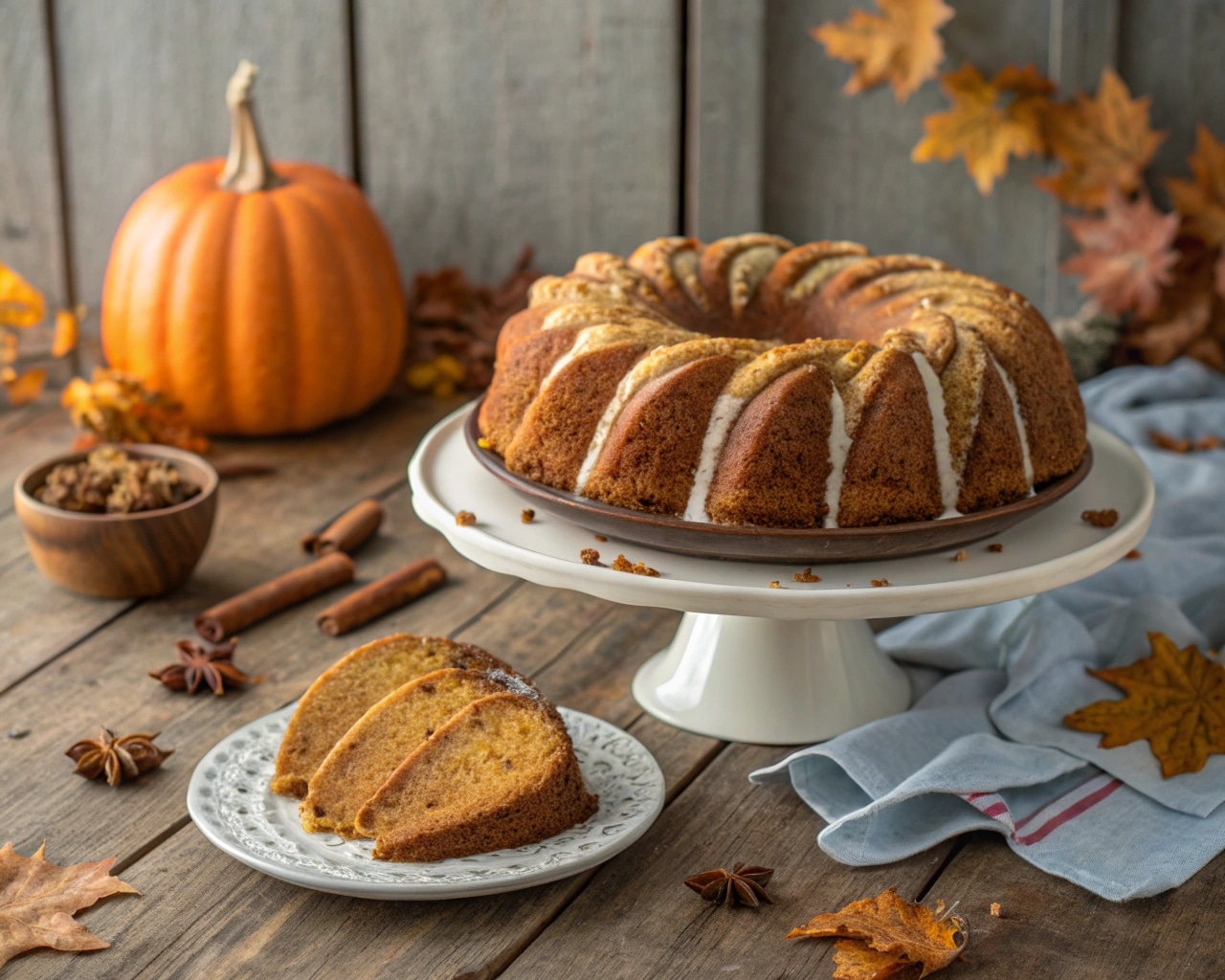 Pumpkin Tiramisu Bundt Cake on a rustic table.