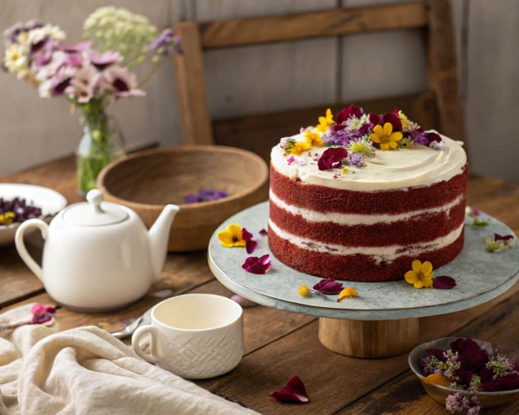 a beautifully decorated gluten free red velvet cak