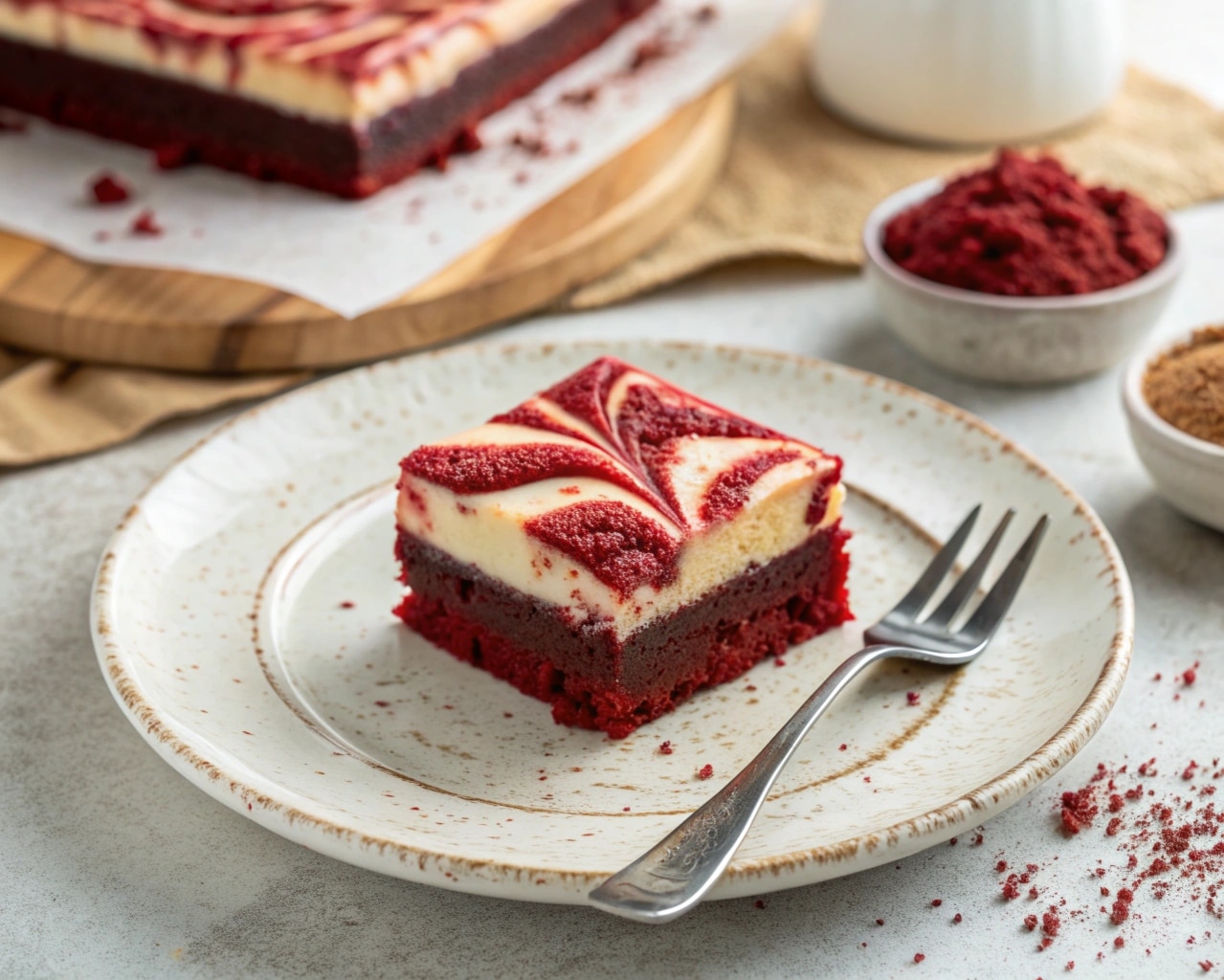 Red Velvet Cheesecake Brownies slice on white plate
