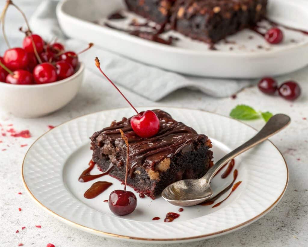 Chocolate cherry dump cake slice
