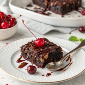 Chocolate cherry dump cake slice