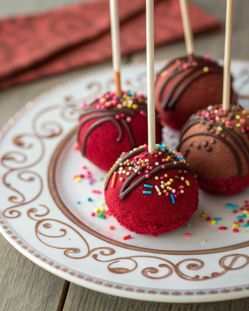 a close up of served red velvet cake pops on a dec