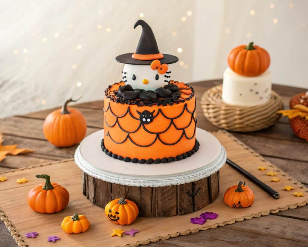 hello kitty halloween cake decorated with pumpkins and witch hat