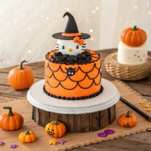 hello kitty halloween cake decorated with pumpkins and witch hat