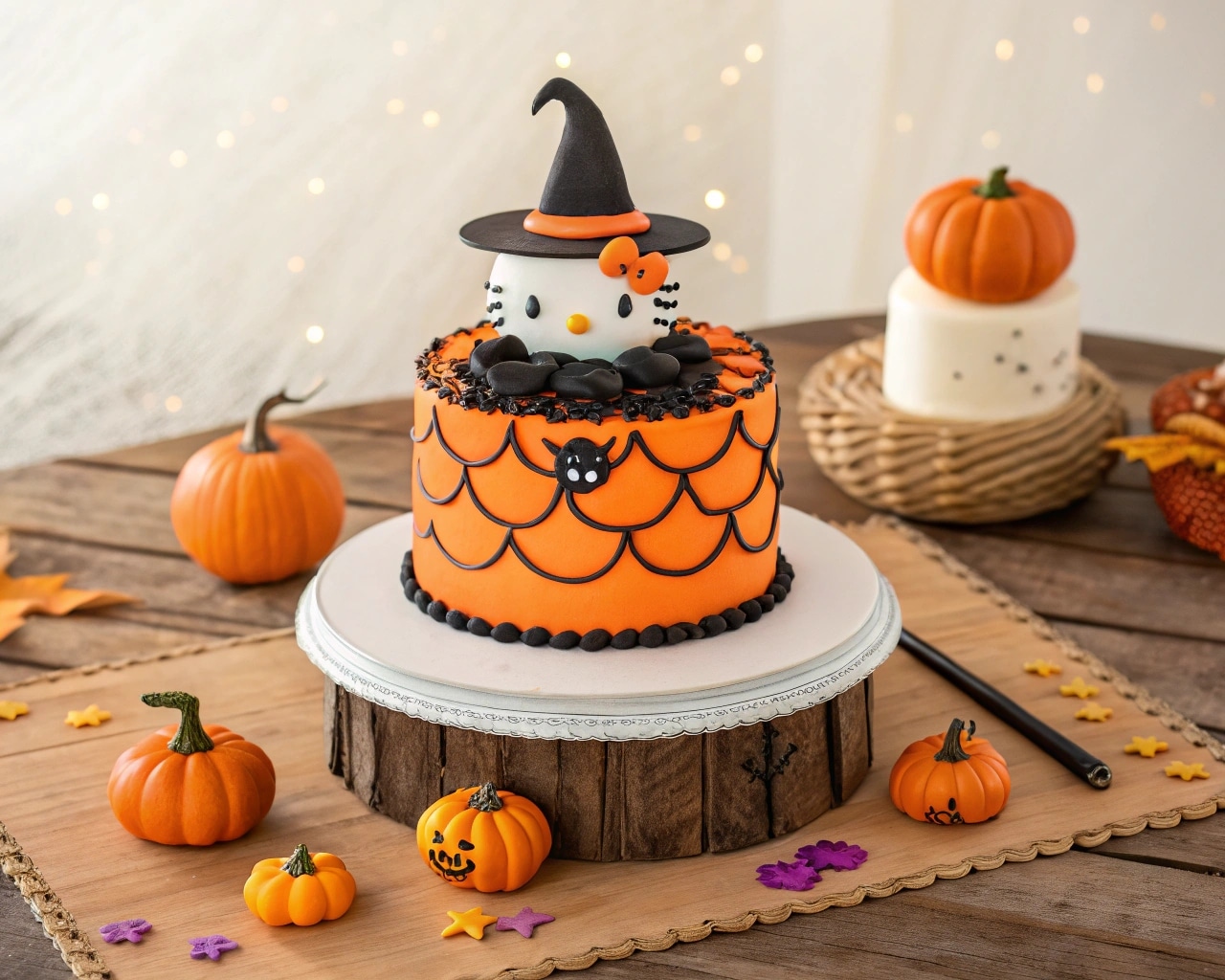 hello kitty halloween cake decorated with pumpkins and witch hat