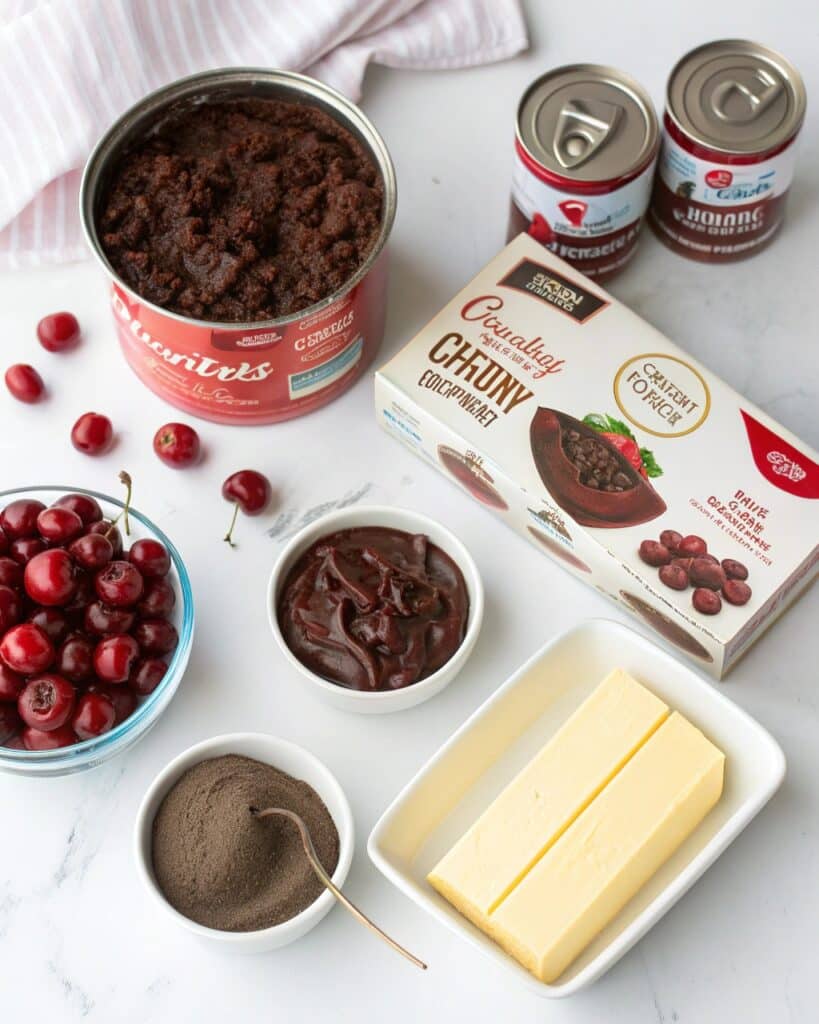 Ingredients for chocolate cherry dump cake