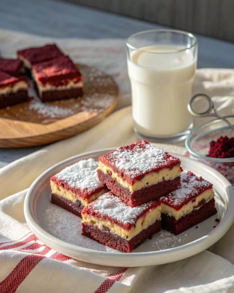 a plate of beautifully sliced red velvet cheesecak