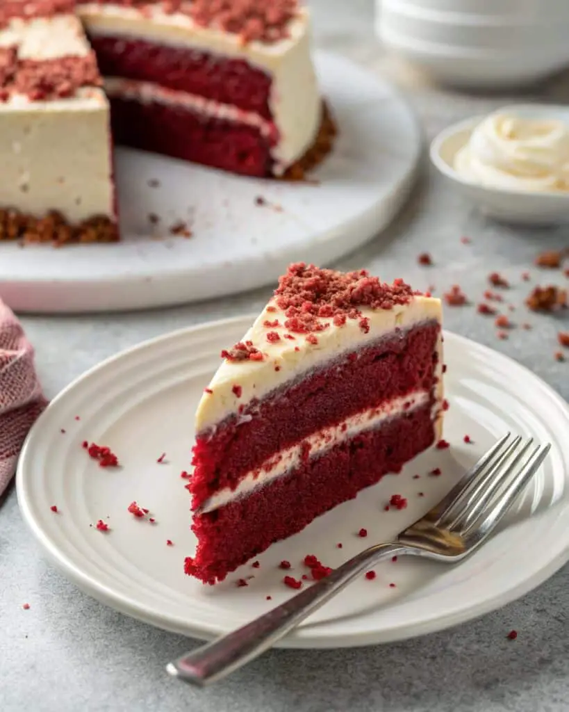 slice of red velvet cake with cream cheese frosting
