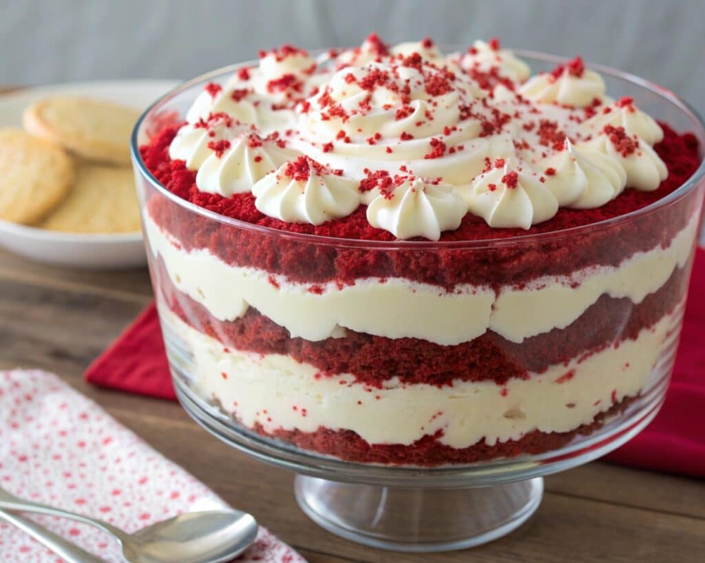 a vibrant red velvet trifle displayed in a glass