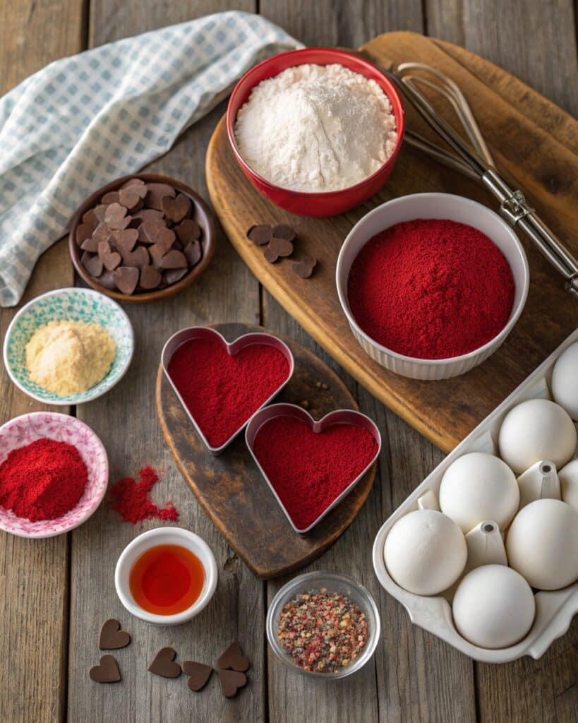 all ingredients for a valentine s red velvet heart