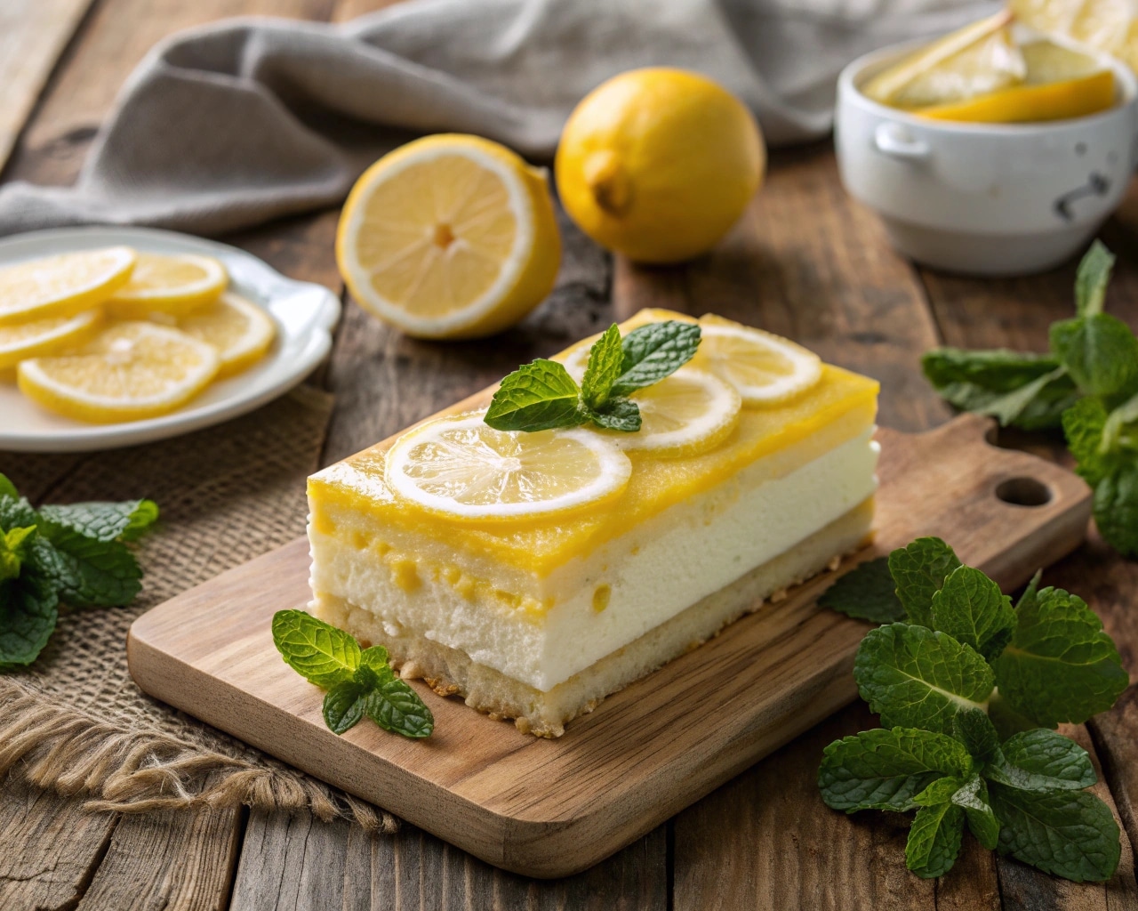 Lemon Jell-O Cake slice with mint and lemon garnish