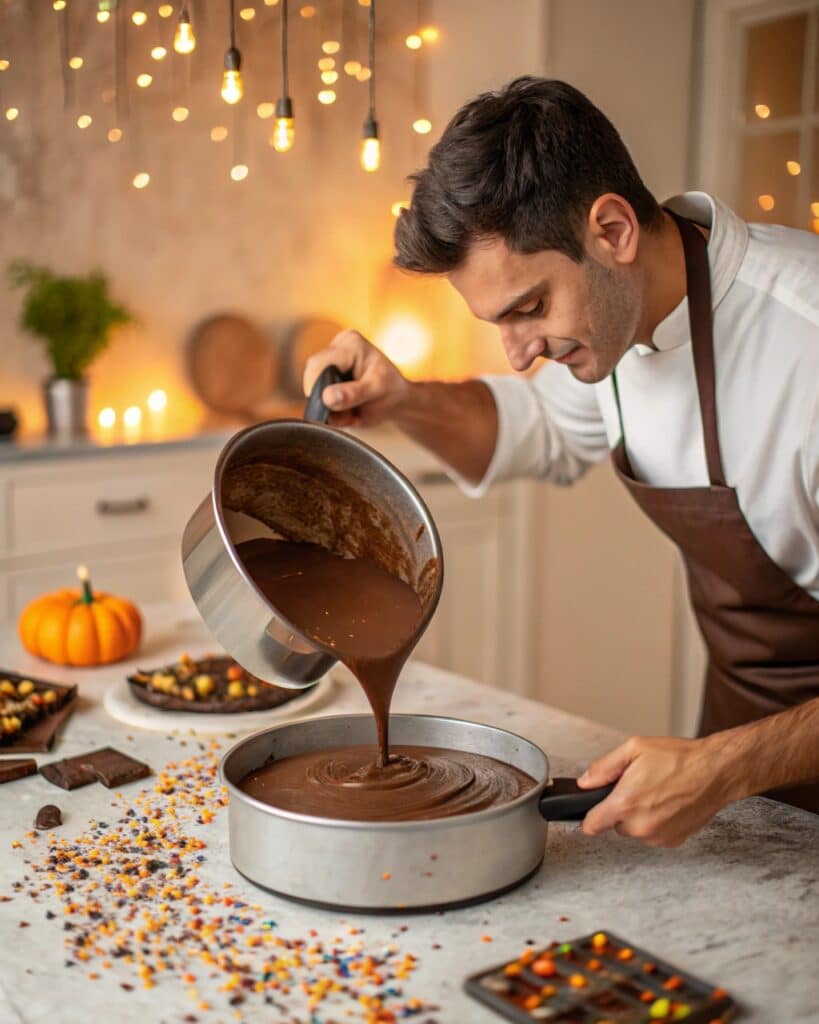 pouring batter for hello kitty halloween cake