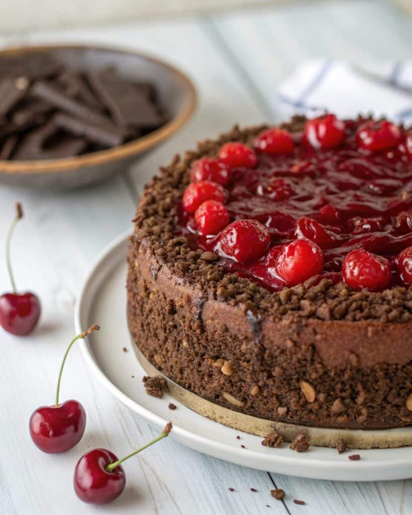 Chocolate cake mix spread over cherry filling