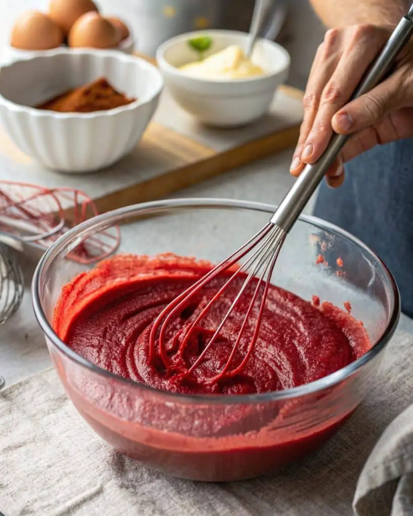 whisking red velvet cake batter