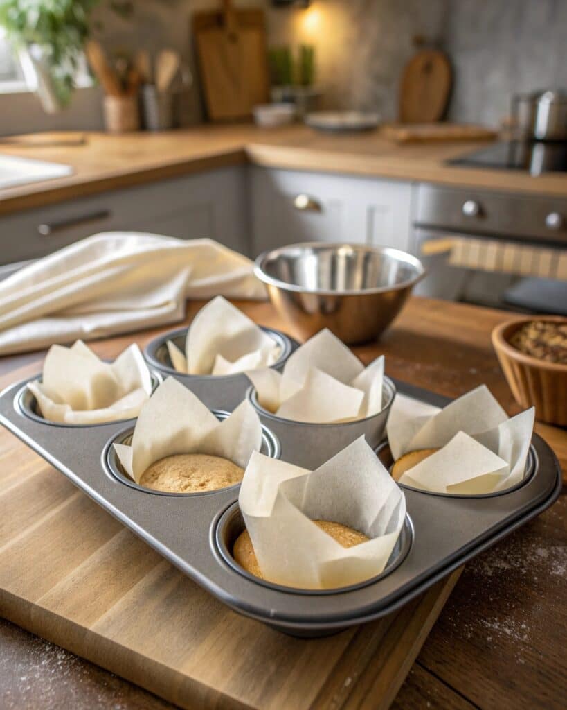 close up shot of muffin tins with parchment paper