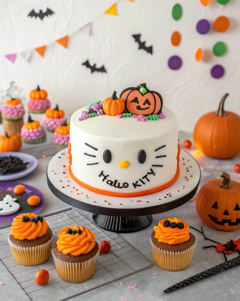 serving hello kitty halloween cake at party