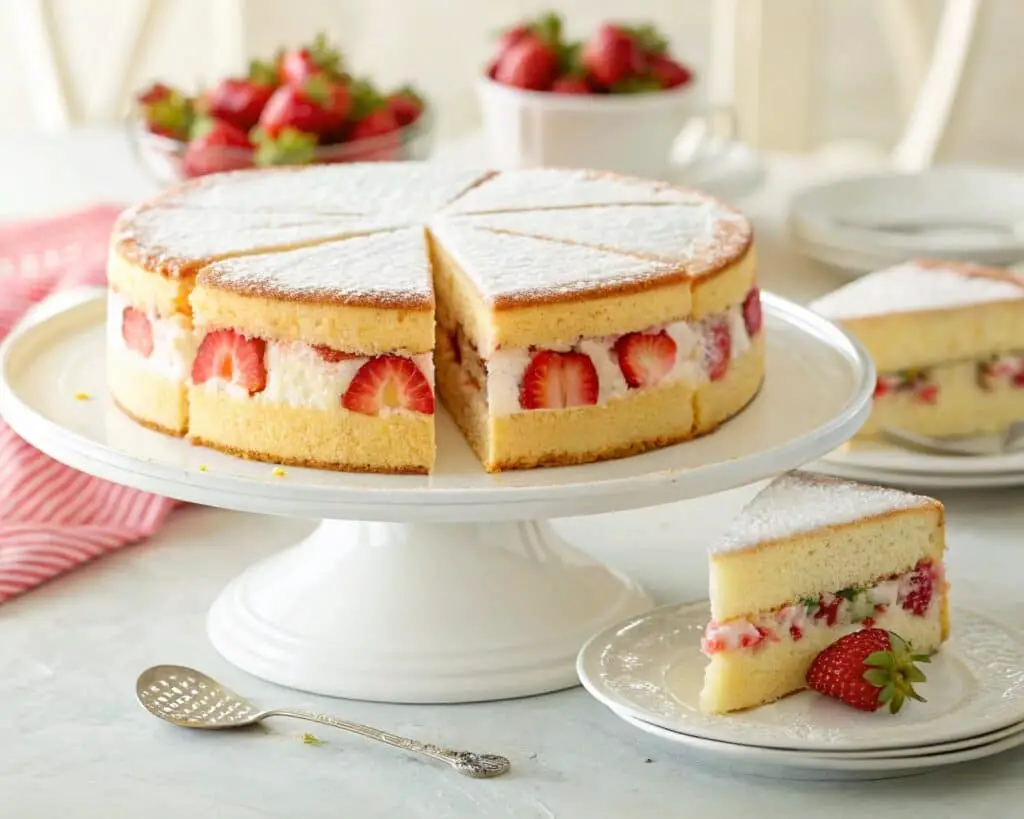 mary berry fraisier cake on cake stand