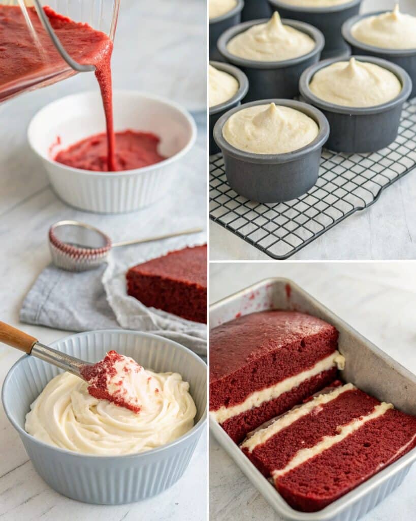mixing batter for gluten free red velvet cake in a