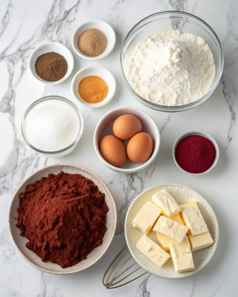 red velvet cake ingredients on marble counter