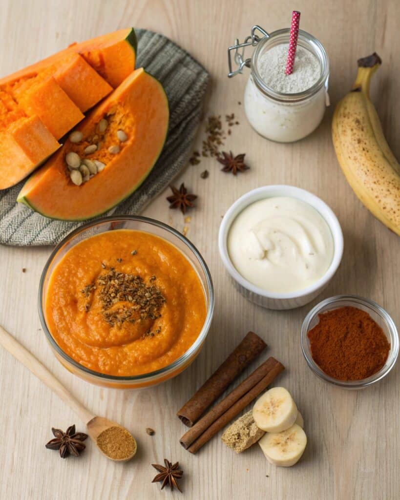 an array of smoothie ingredients pumpkin puree gr