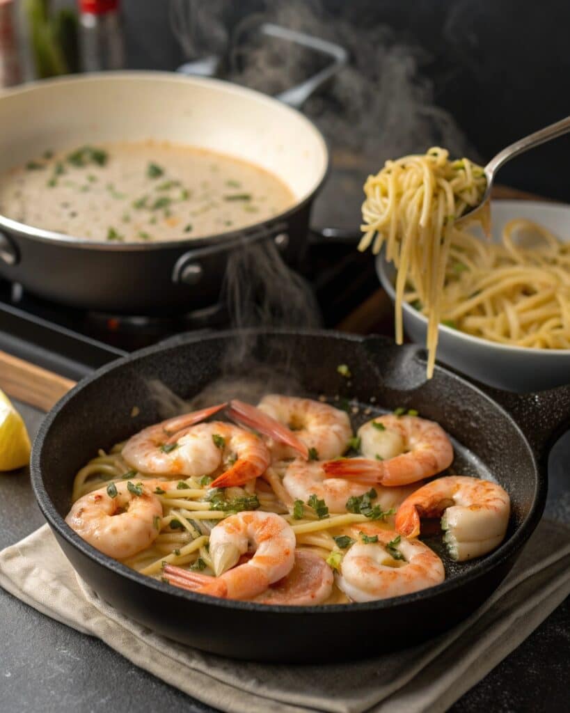 a skillet with shrimp being saut ed a pot of boi