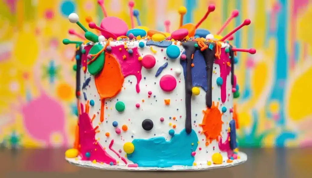 Delicious Chaos Cake with colorful layers and vibrant decorations.