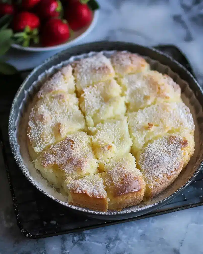 Delicious French butter cake served on a plate with a cup of tea