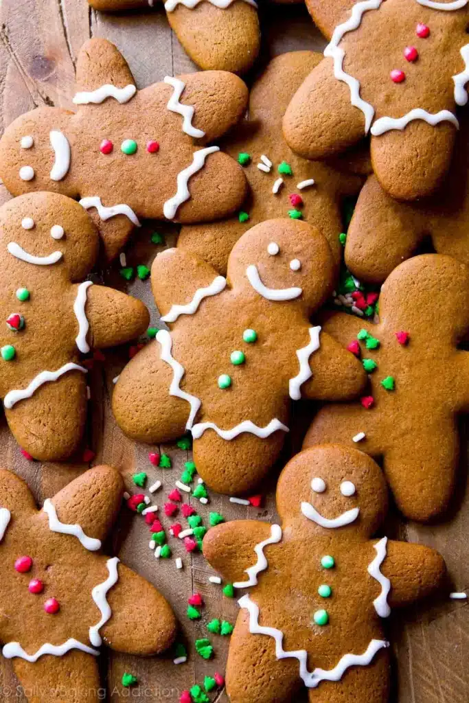 Freshly baked gingerbread cookies with frosting and decorations