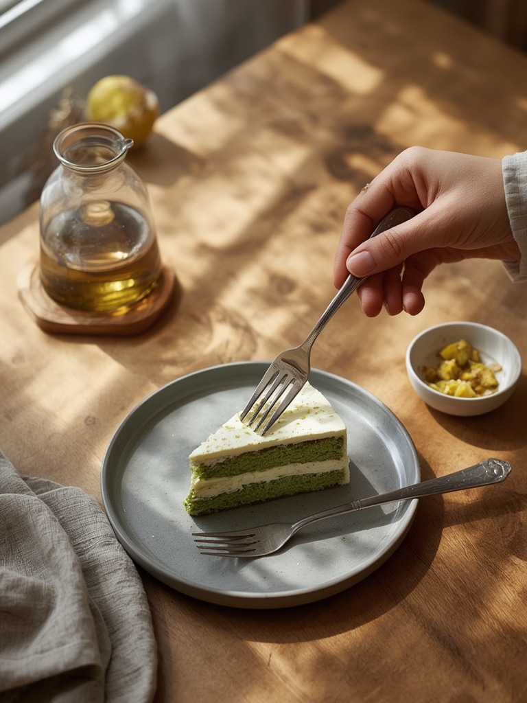 matcha white chocolate cake - serving suggestion