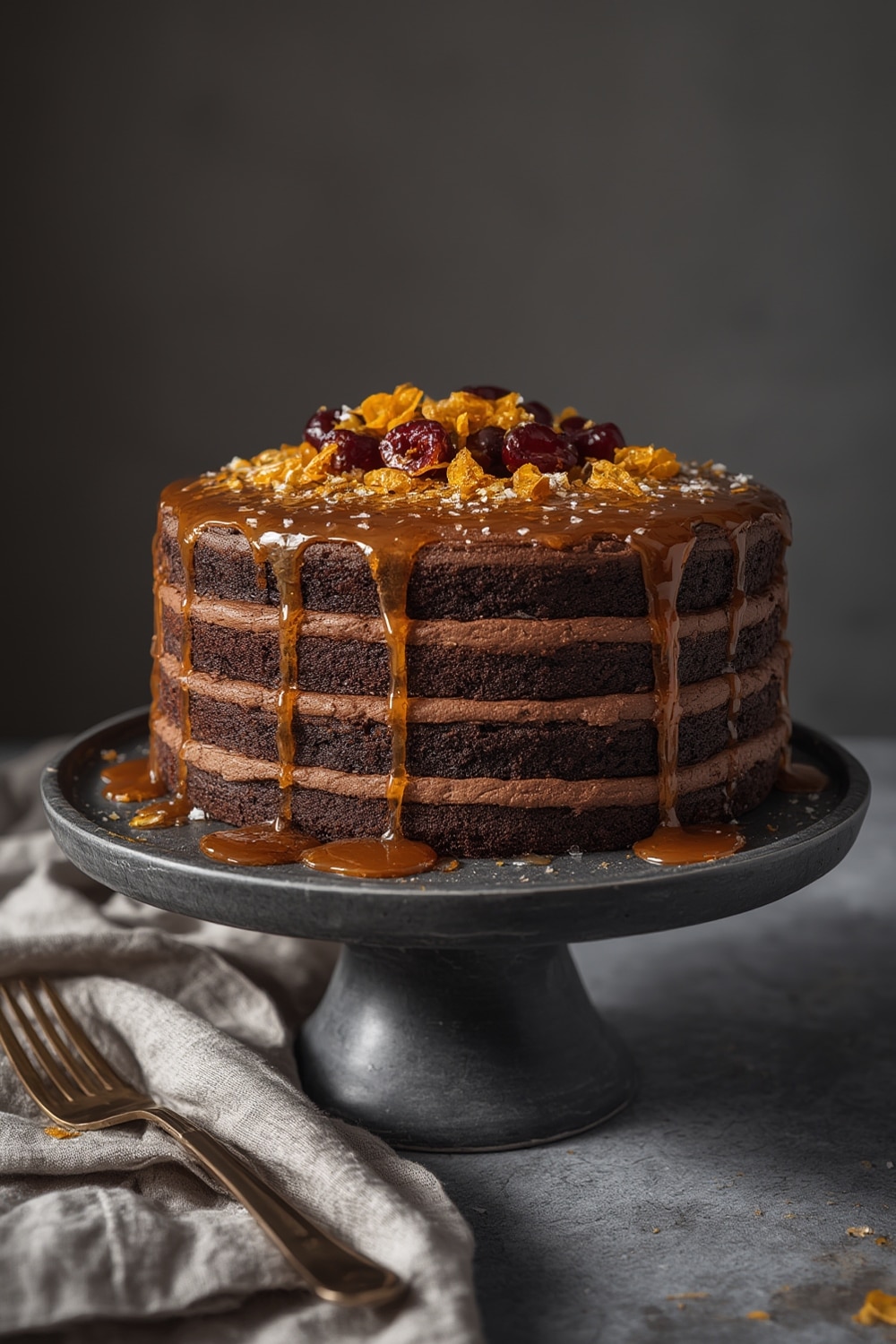 Miso Caramel Chocolate Stout Cake - finished dish presentation