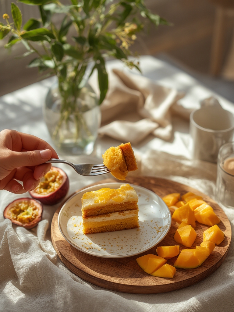 mango passion fruit cake - serving suggestion