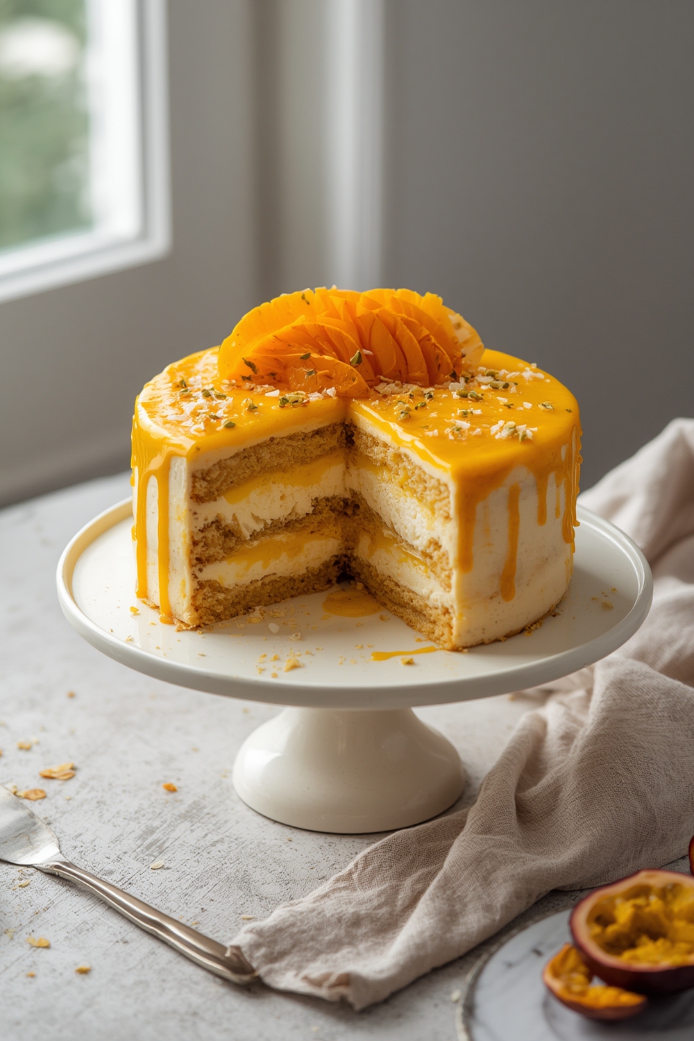 mango passion fruit cake - finished dish presentation
