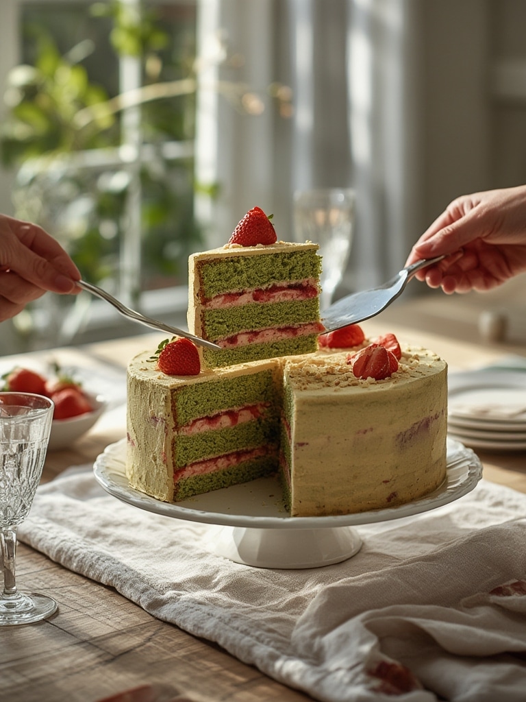 Matcha-Strawberry Layer Cake: Delicious 1-Hour Recipe Perfect for Celebrations 3 Matcha-Strawberry Layer Cake - serving suggestion